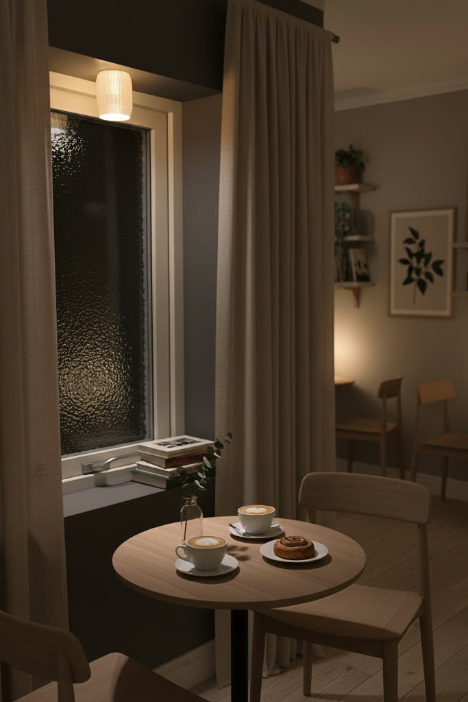 Modern lampskärm i cylinderform med geometriskt rutmönster som sprider ljus jämnt.